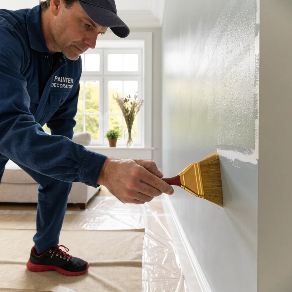 A painter and decorator cutting in a clean edge in a Tipton living room